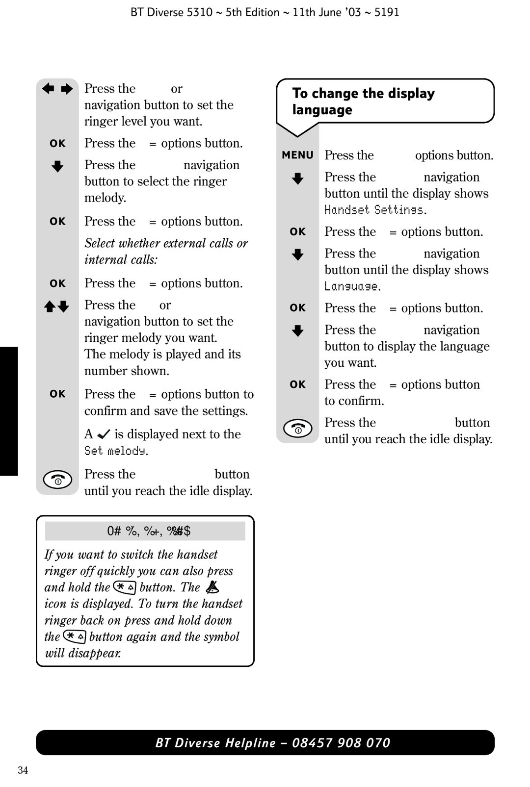 BT 5310 manual To change the display language, Select whether external calls or internal calls, Shortcut button 