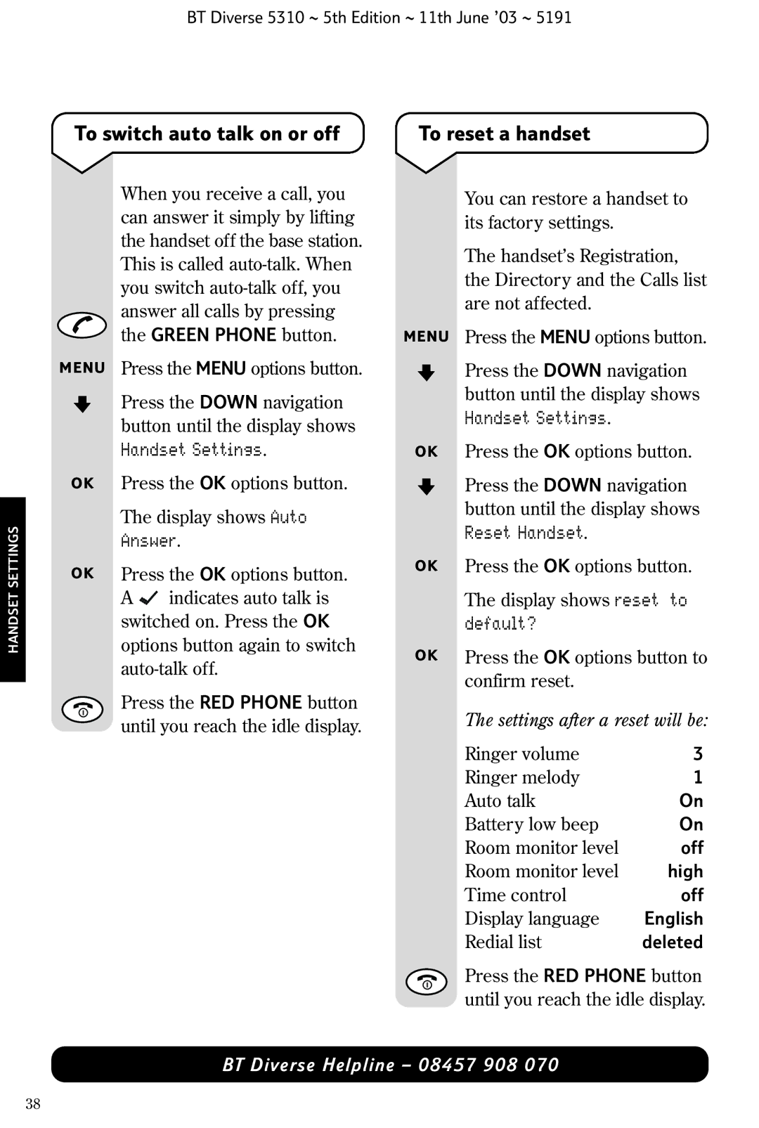 BT 5310 manual To switch auto talk on or off, To reset a handset, Answer, Default? 