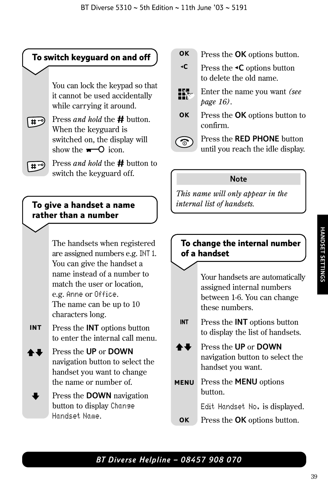 BT 5310 manual To switch keyguard on and off, To change the internal number of a handset, Edit Handset No. is displayed 