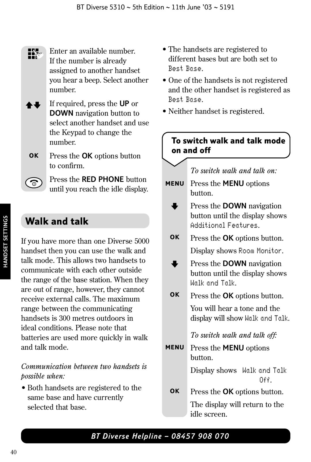 BT 5310 manual Walk and talk, To switch walk and talk mode on and off, Off 