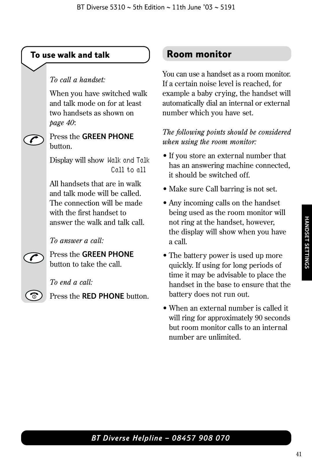 BT 5310 manual Room monitor, To use walk and talk, Call to all 