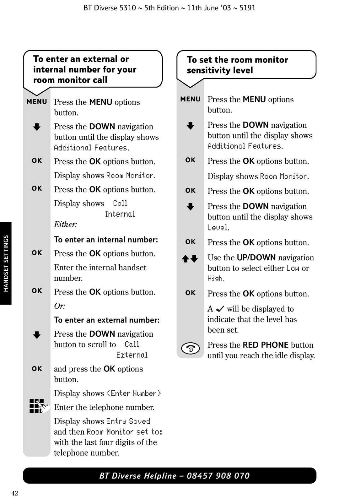 BT 5310 manual To set the room monitor sensitivity level 