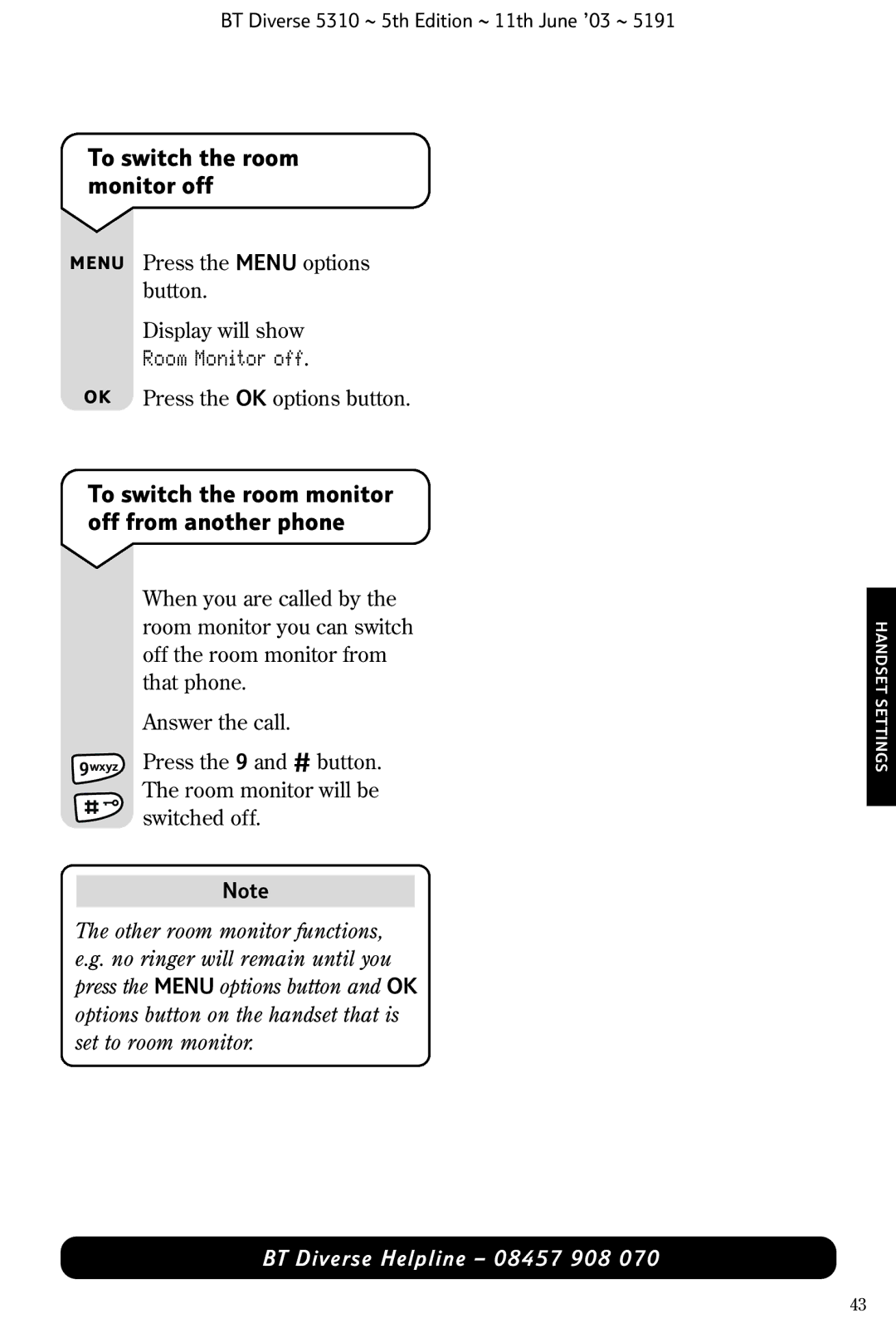 BT 5310 manual To switch the room monitor off from another phone, Room Monitor off 