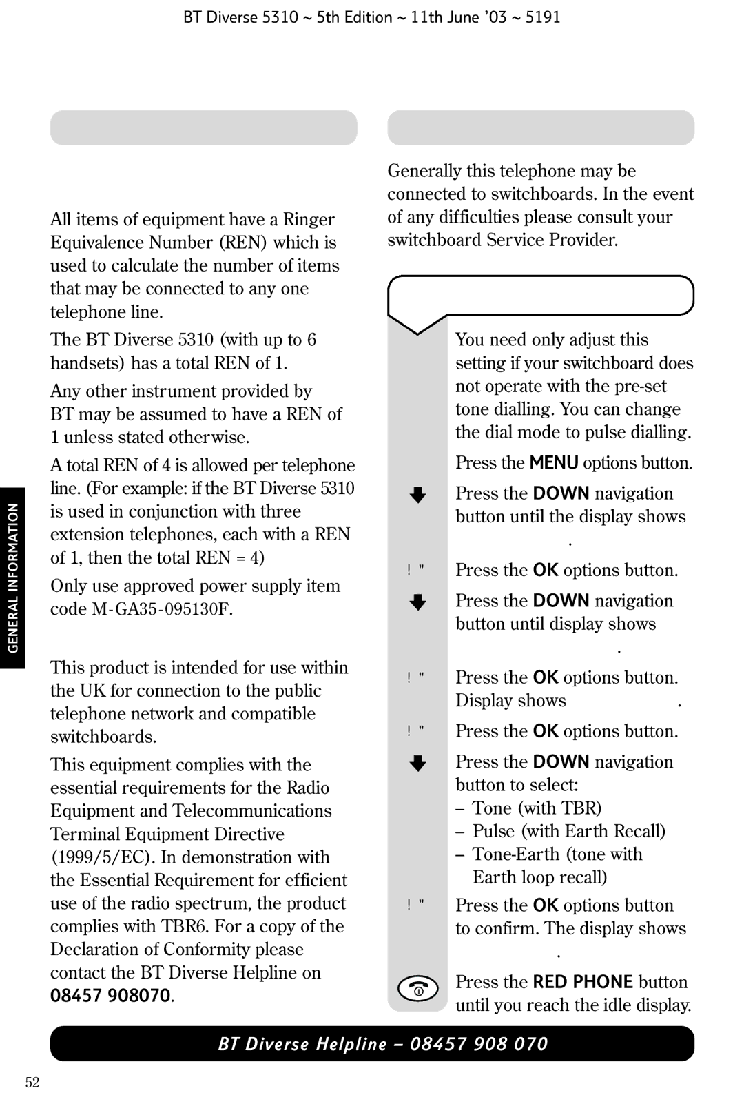 BT 5310 manual Technical information Switchboard compatibility, To set the dialling mode 