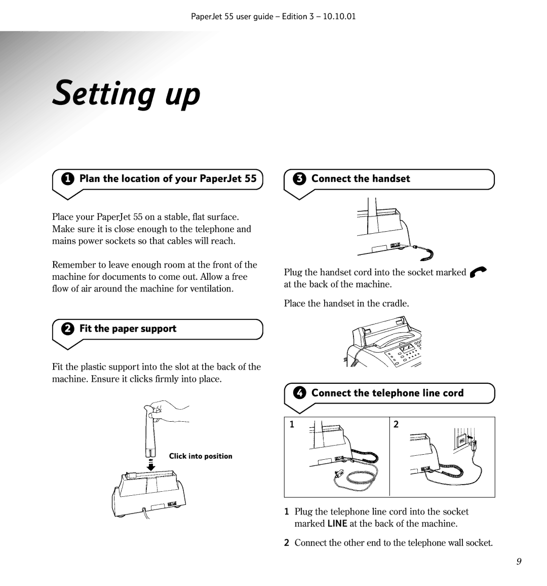 BT 55 manual Setting up, Plan the location of your PaperJet, Connect the handset, Fit the paper support 