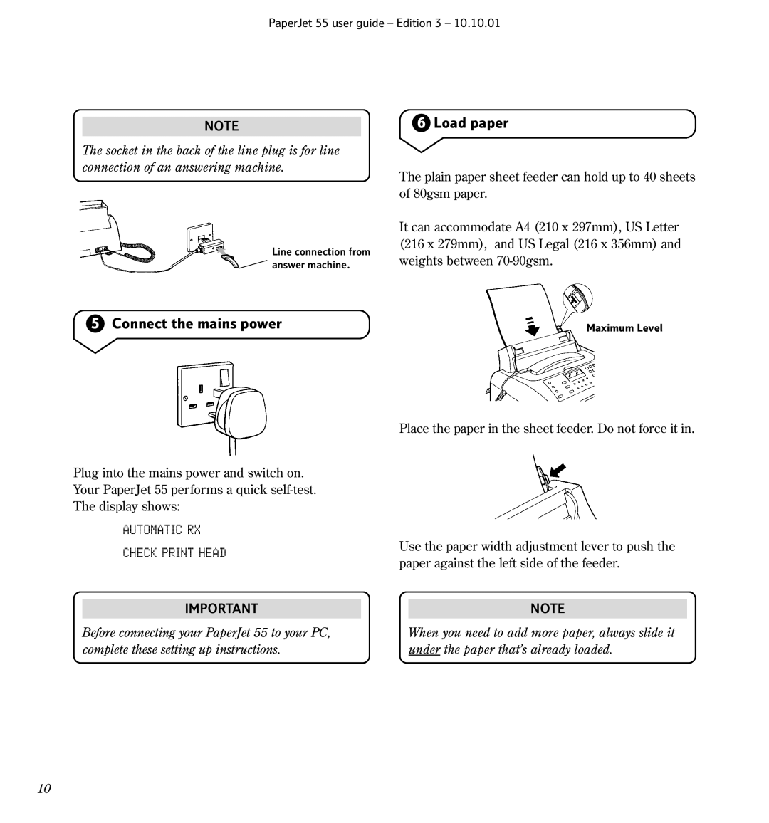 BT 55 manual Connect the mains power, Load paper, Automatic RX Check Print Head 