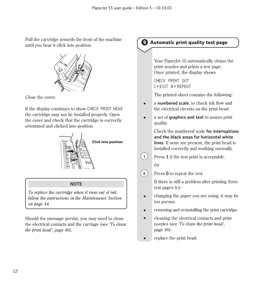 BT 55 manual Automatic print quality test, Check Print OUT = Exit 0 = Repeat 