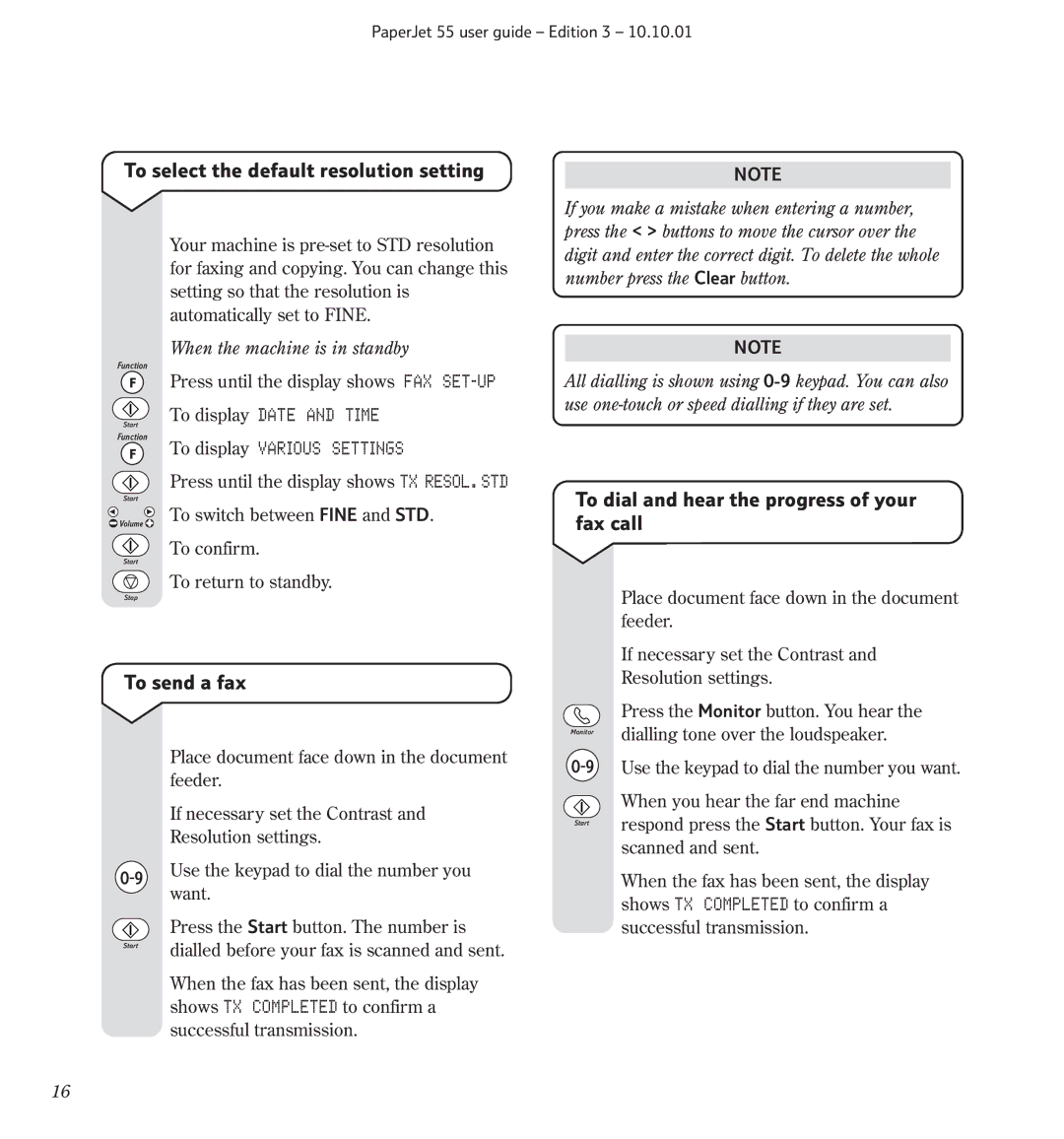 BT 55 manual To select the default resolution setting, To dial and hear the progress of your fax call, To send a fax 