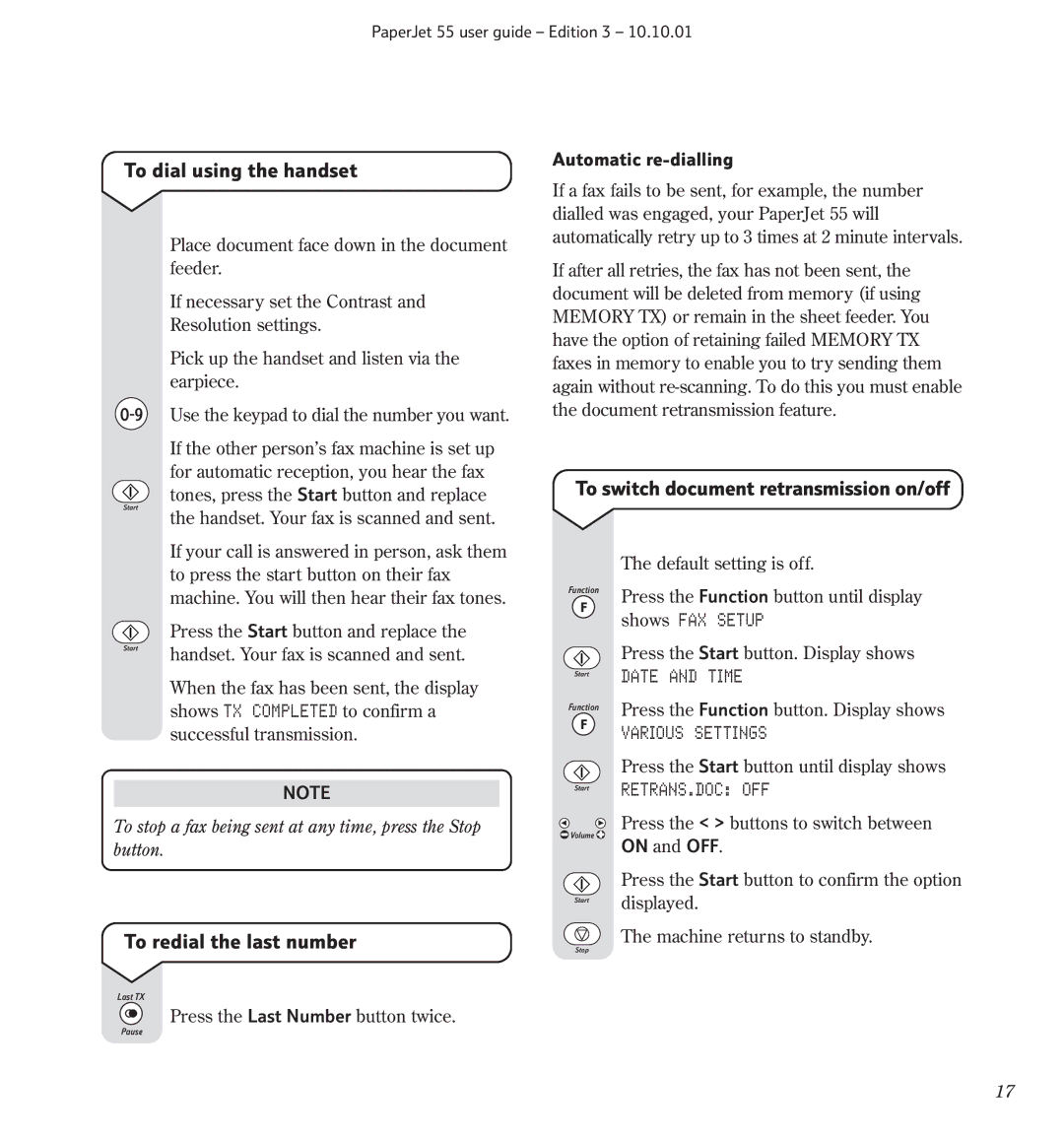 BT 55 manual To dial using the handset, To switch document retransmission on/off, To redial the last number 