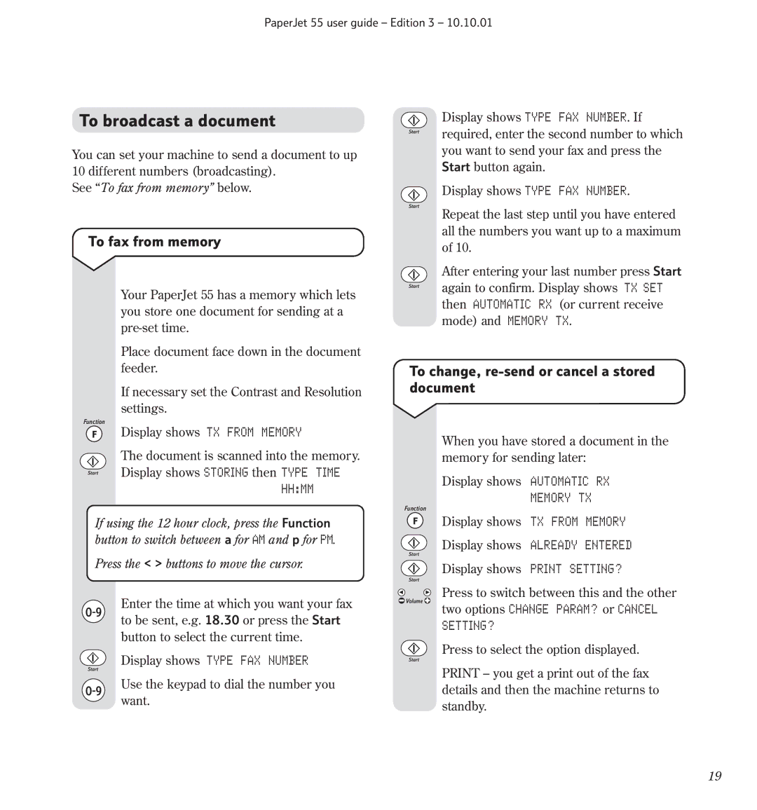 BT 55 To broadcast a document, To fax from memory, To change, re-send or cancel a stored document, Memory TX, Setting? 