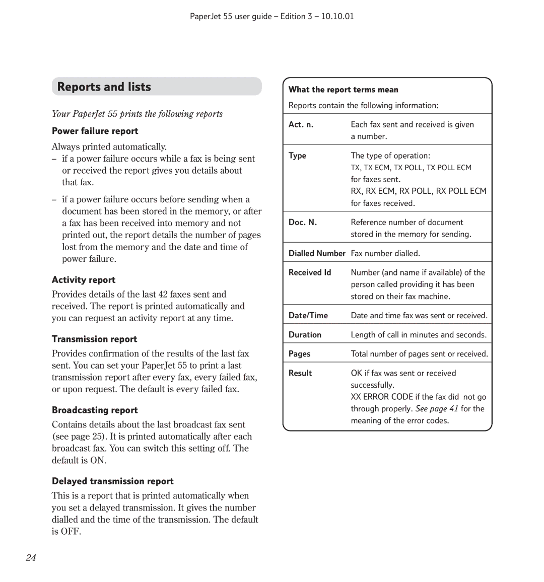 BT 55 manual Reports and lists 