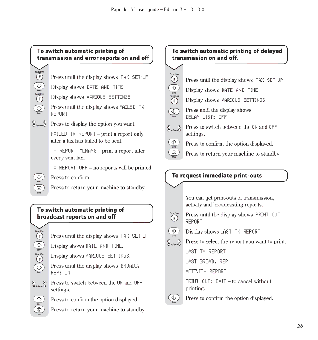 BT 55 manual Delay List OFF, REP on, Last TX Report Last BROAD. REP Activity Report 