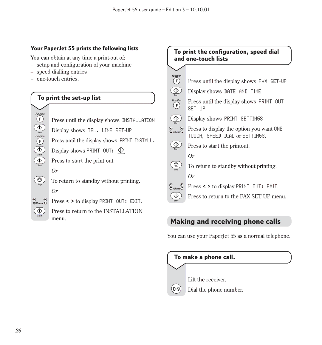 BT 55 Making and receiving phone calls, To print the configuration, speed dial and one-touch lists, To make a phone call 