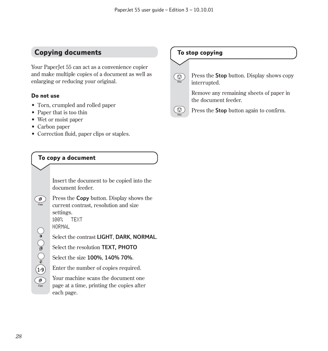 BT 55 manual Copying documents, To stop copying, To copy a document, 100% Text Normal 