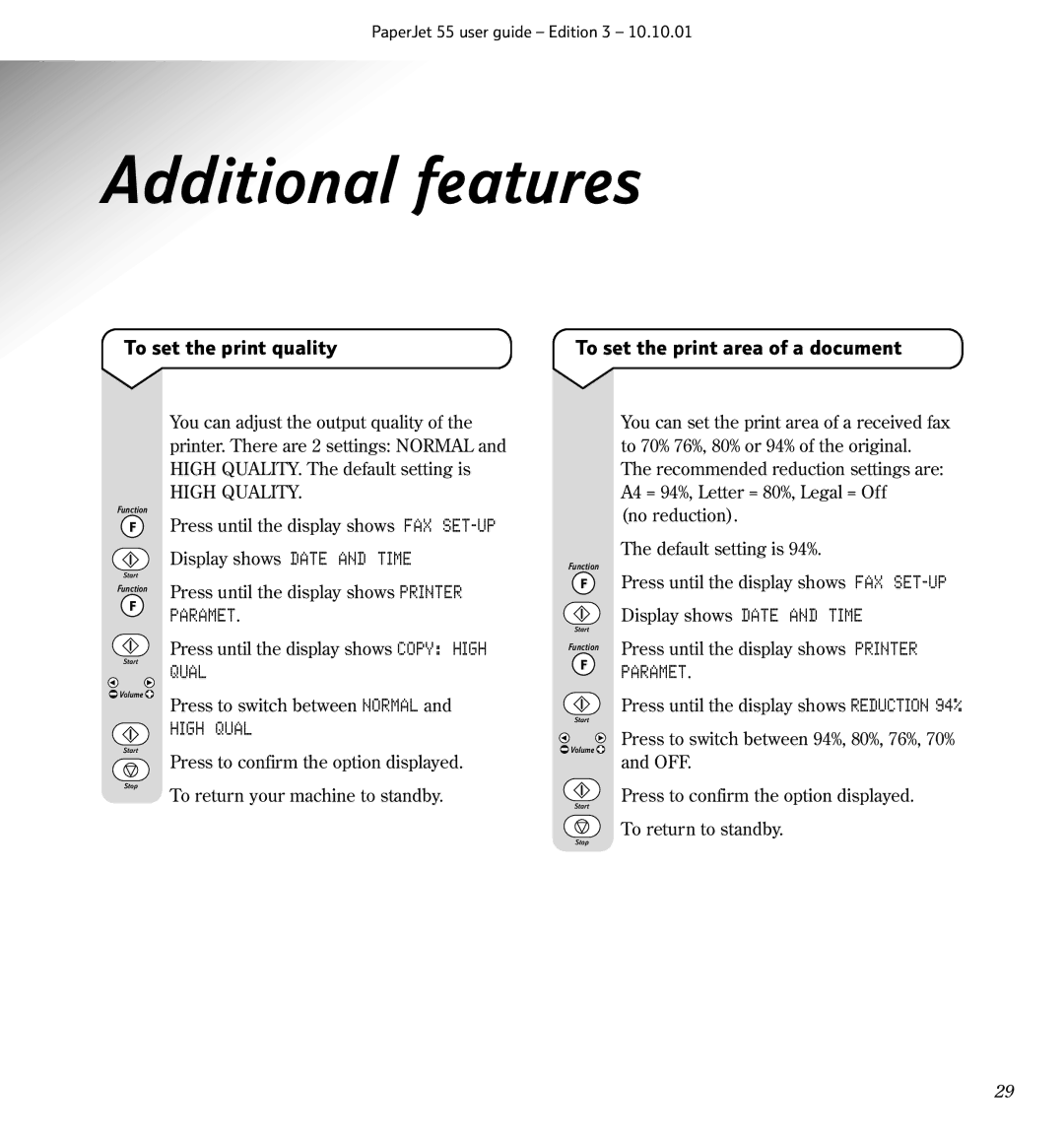 BT 55 manual Additional features, To set the print quality, To set the print area of a document 