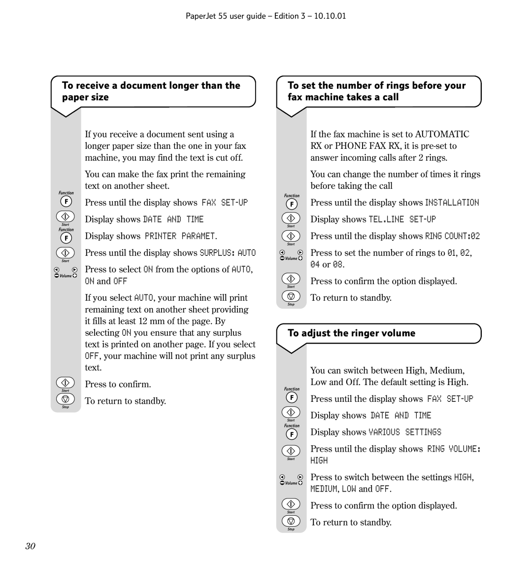 BT 55 To receive a document longer than the paper size, To adjust the ringer volume, Display shows TEL.LINE SET-UP, High 