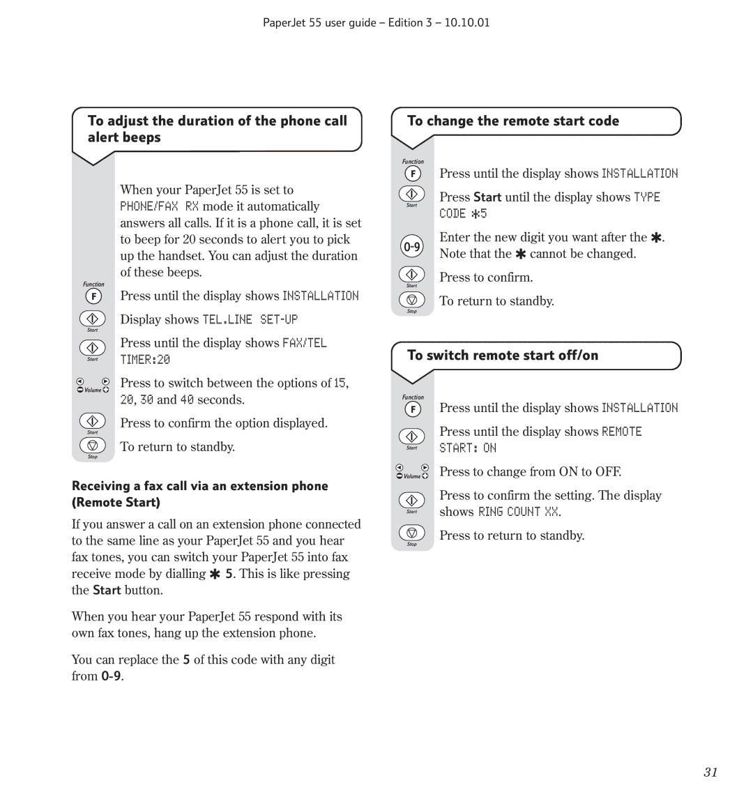 BT 55 manual To adjust the duration of the phone call, Alert beeps, To switch remote start off/on 