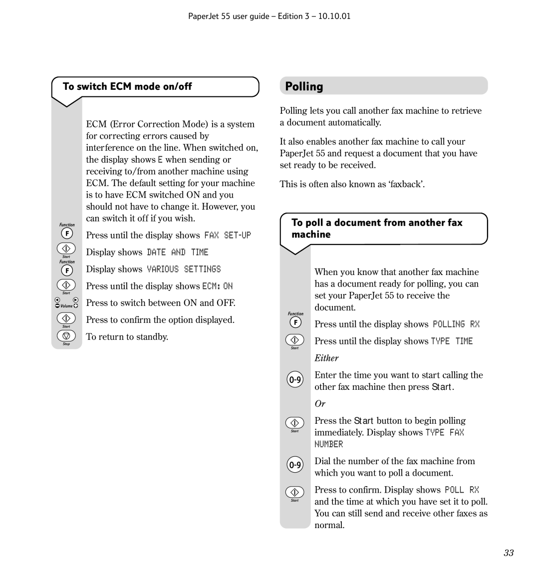 BT 55 manual Polling, To switch ECM mode on/off, To poll a document from another fax machine, Number 