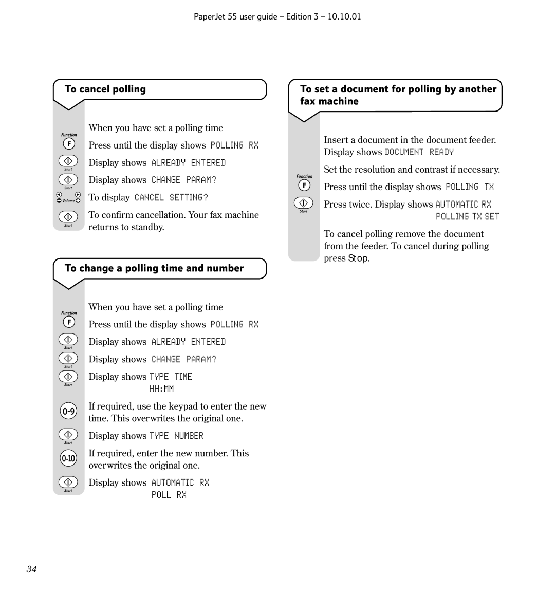 BT 55 manual To change a polling time and number, To display Cancel SETTING?, Polling TX SET, Poll RX 