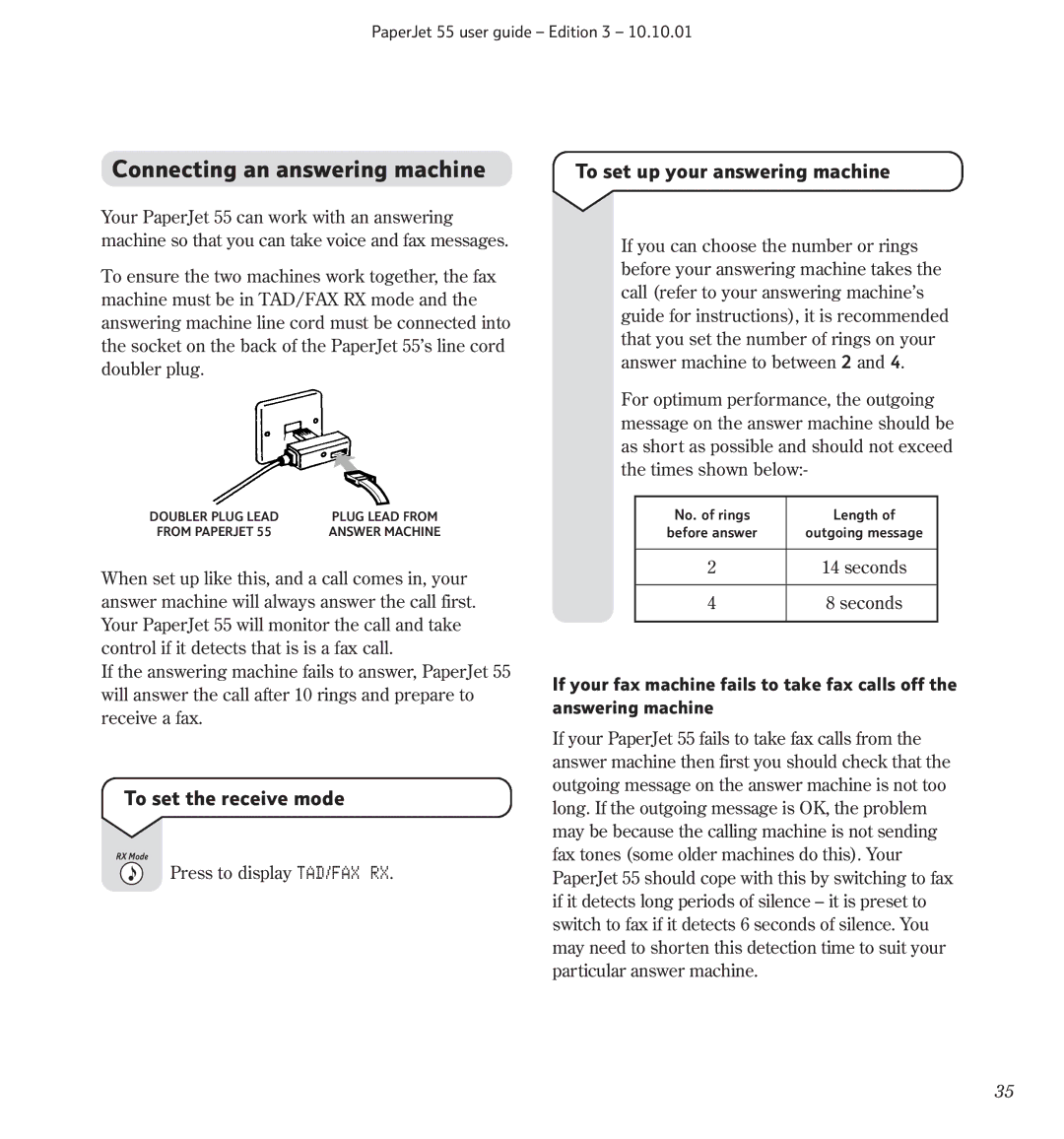 BT 55 manual Connecting an answering machine, To set the receive mode, To set up your answering machine 