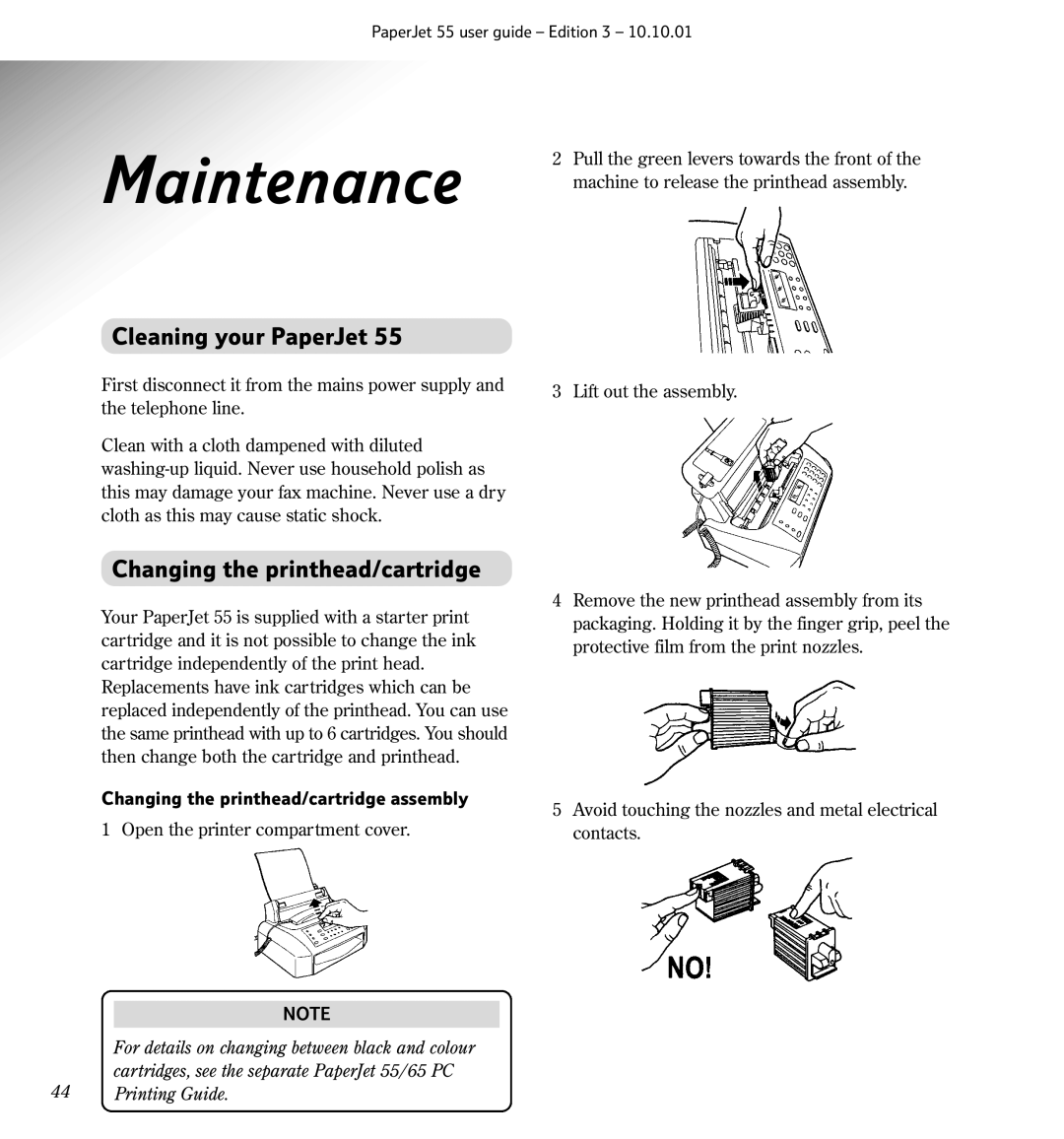 BT 55 manual Maintenance, Cleaning your PaperJet, Changing the printhead/cartridge assembly 