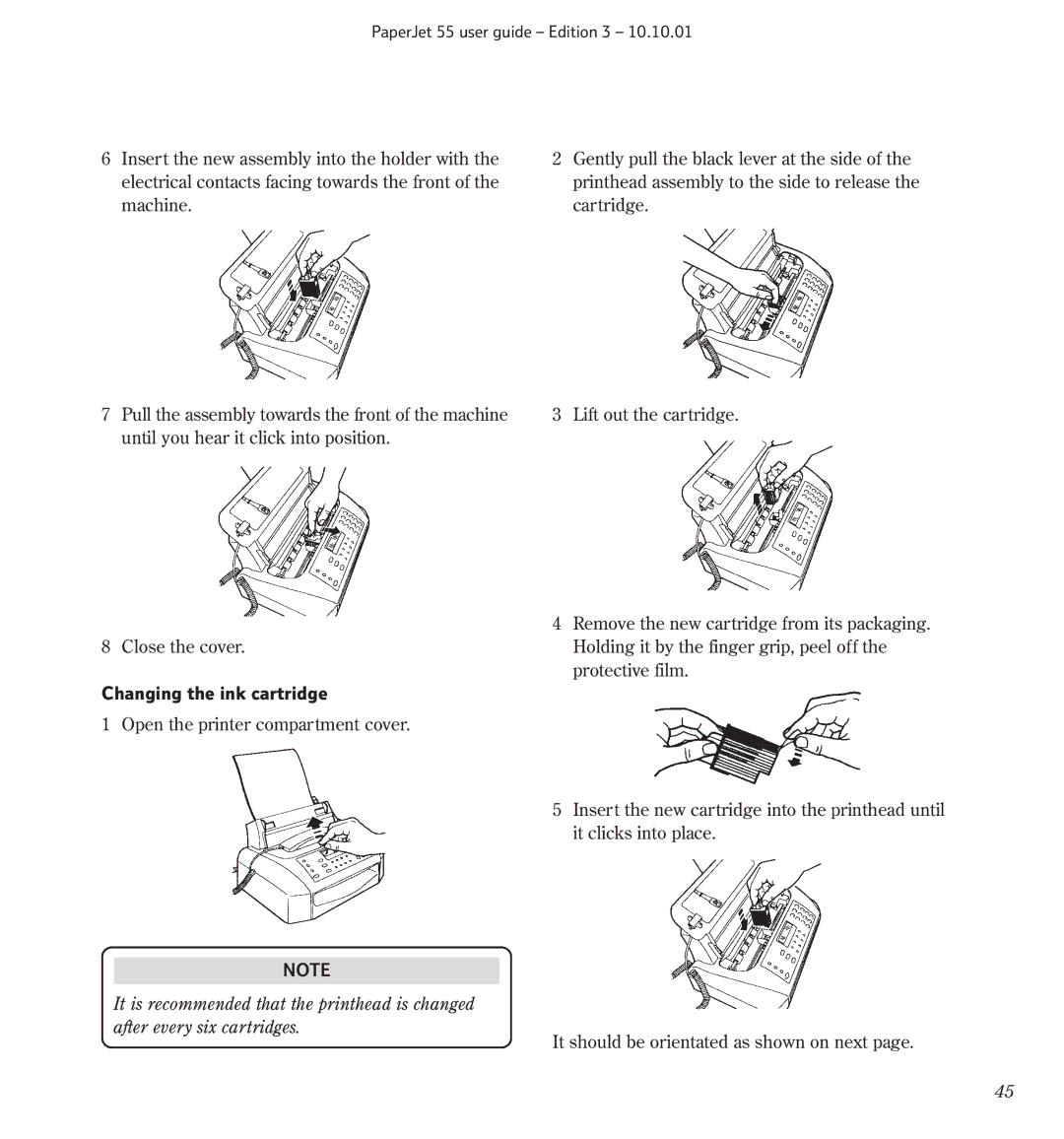 BT 55 manual Changing the ink cartridge 