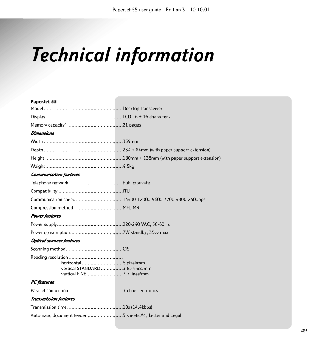 BT 55 manual Technical information, Dimensions 