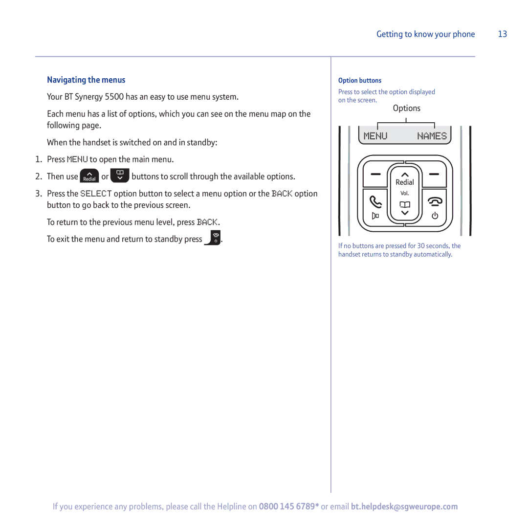 BT 5500 manual Navigating the menus, Options, Option buttons 