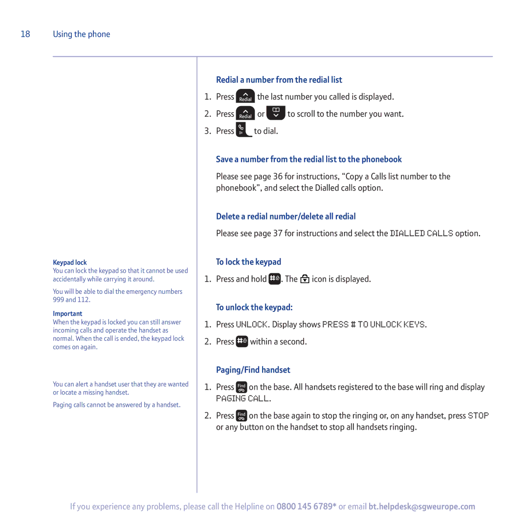 BT 5500 Redial a number from the redial list, Save a number from the redial list to the phonebook, To lock the keypad 