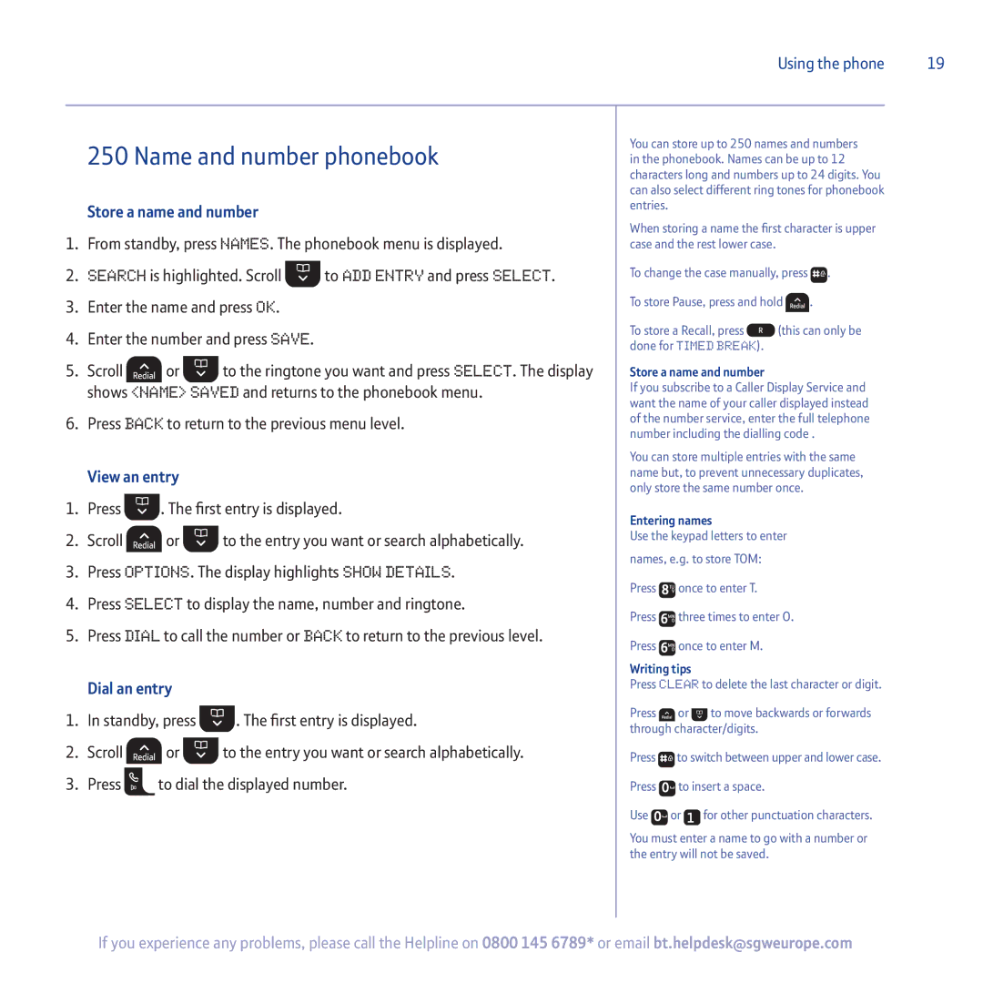 BT 5500 manual Name and number phonebook, Store a name and number, View an entry, Dial an entry 