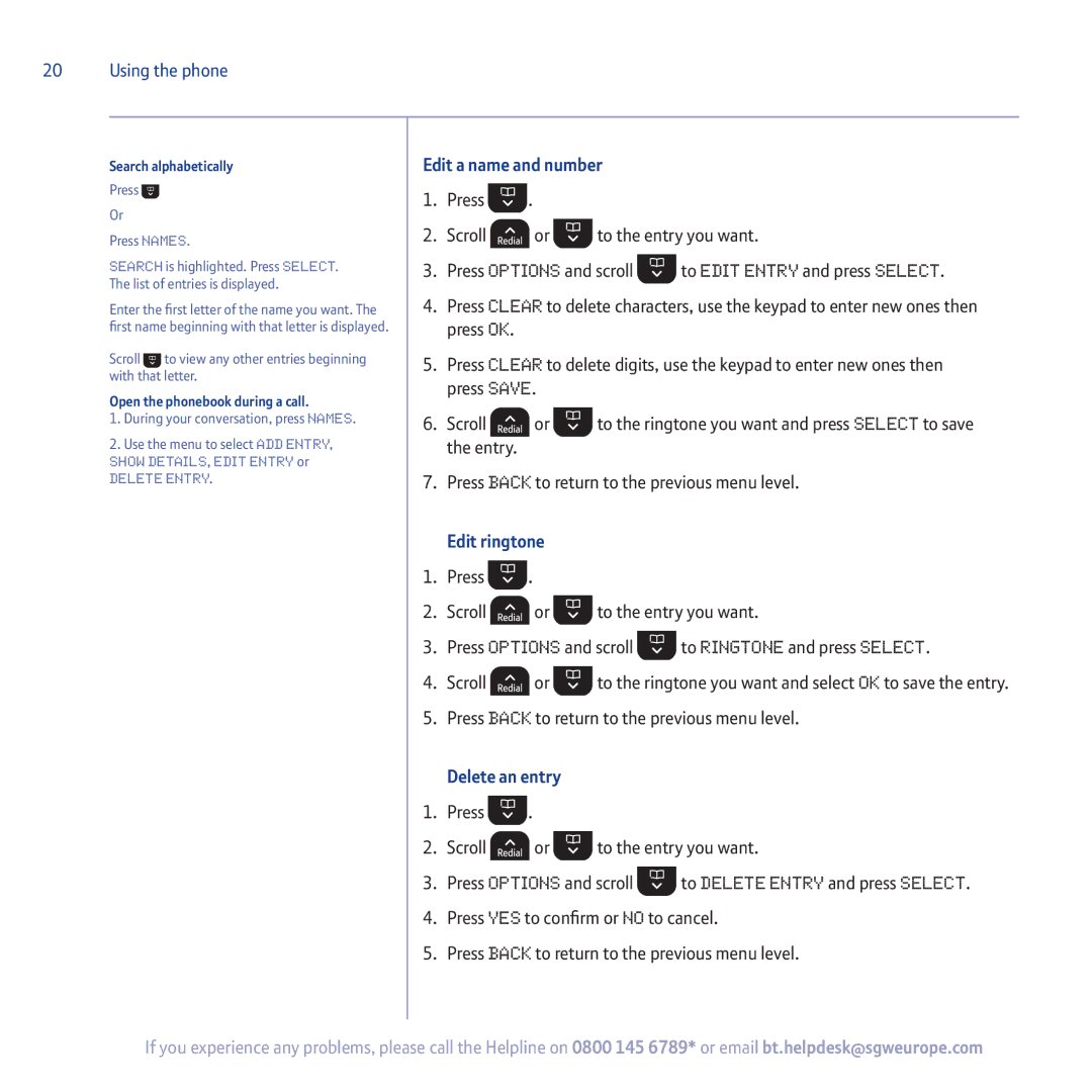 BT 5500 Edit a name and number, Edit ringtone, Delete an entry, Search alphabetically, Open the phonebook during a call 