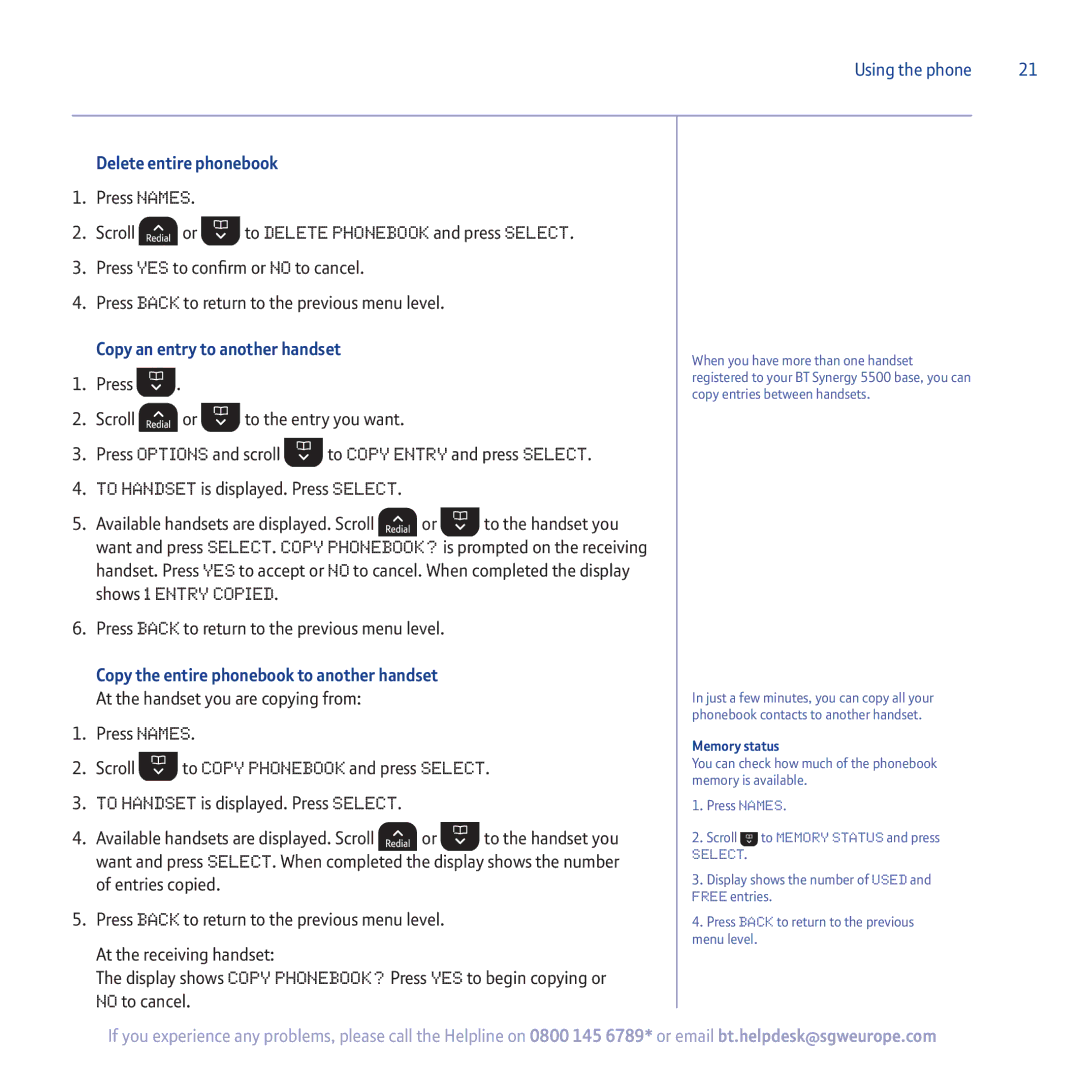 BT 5500 manual Delete entire phonebook, Copy an entry to another handset, Copy the entire phonebook to another handset 