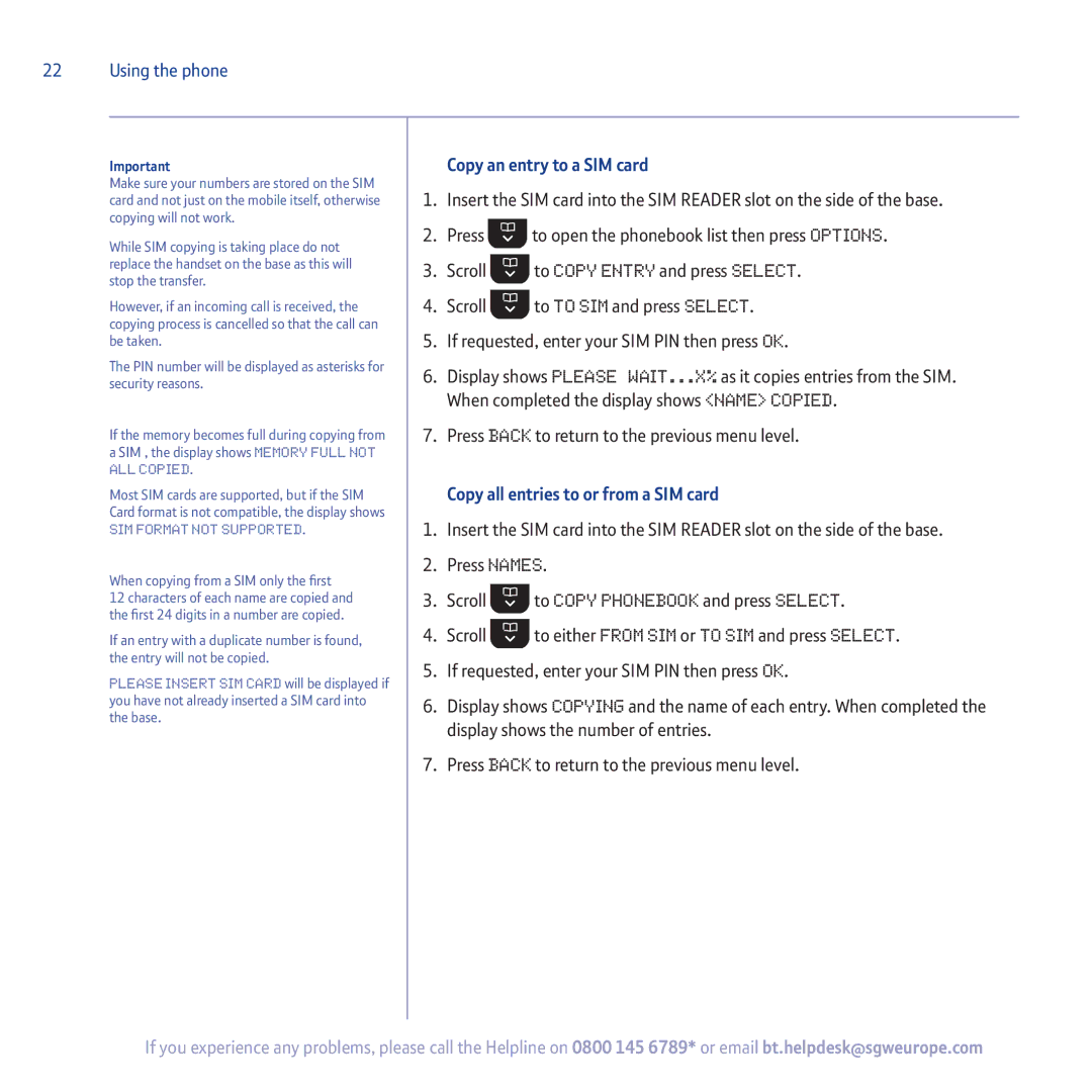 BT 5500 manual Copy an entry to a SIM card, Copy all entries to or from a SIM card 