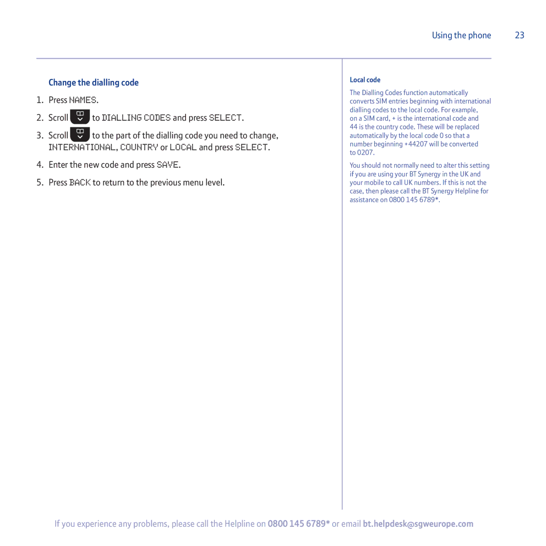 BT 5500 manual Change the dialling code, Local code 