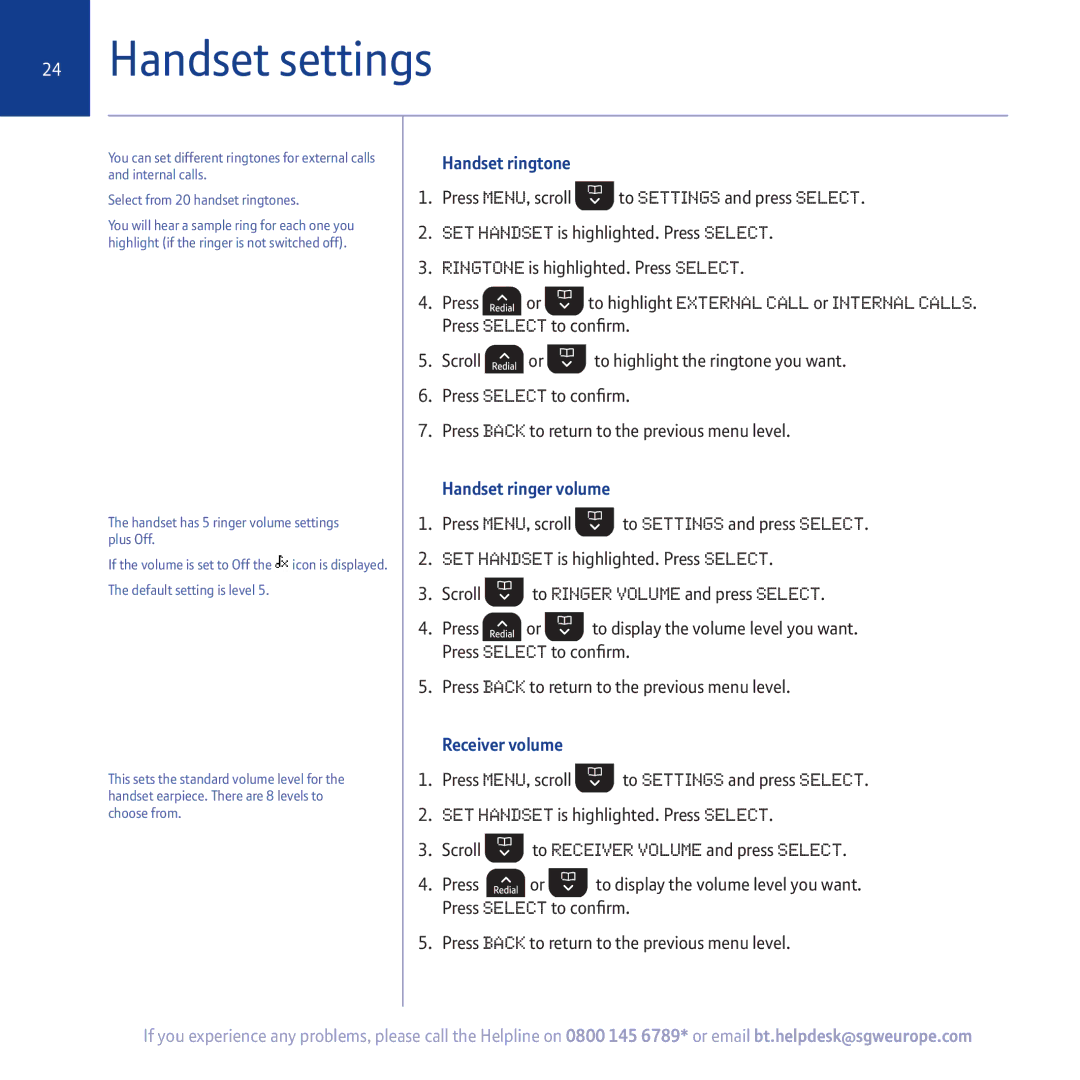 BT 5500 manual Handset settings, Handset ringtone, Handset ringer volume, Receiver volume 