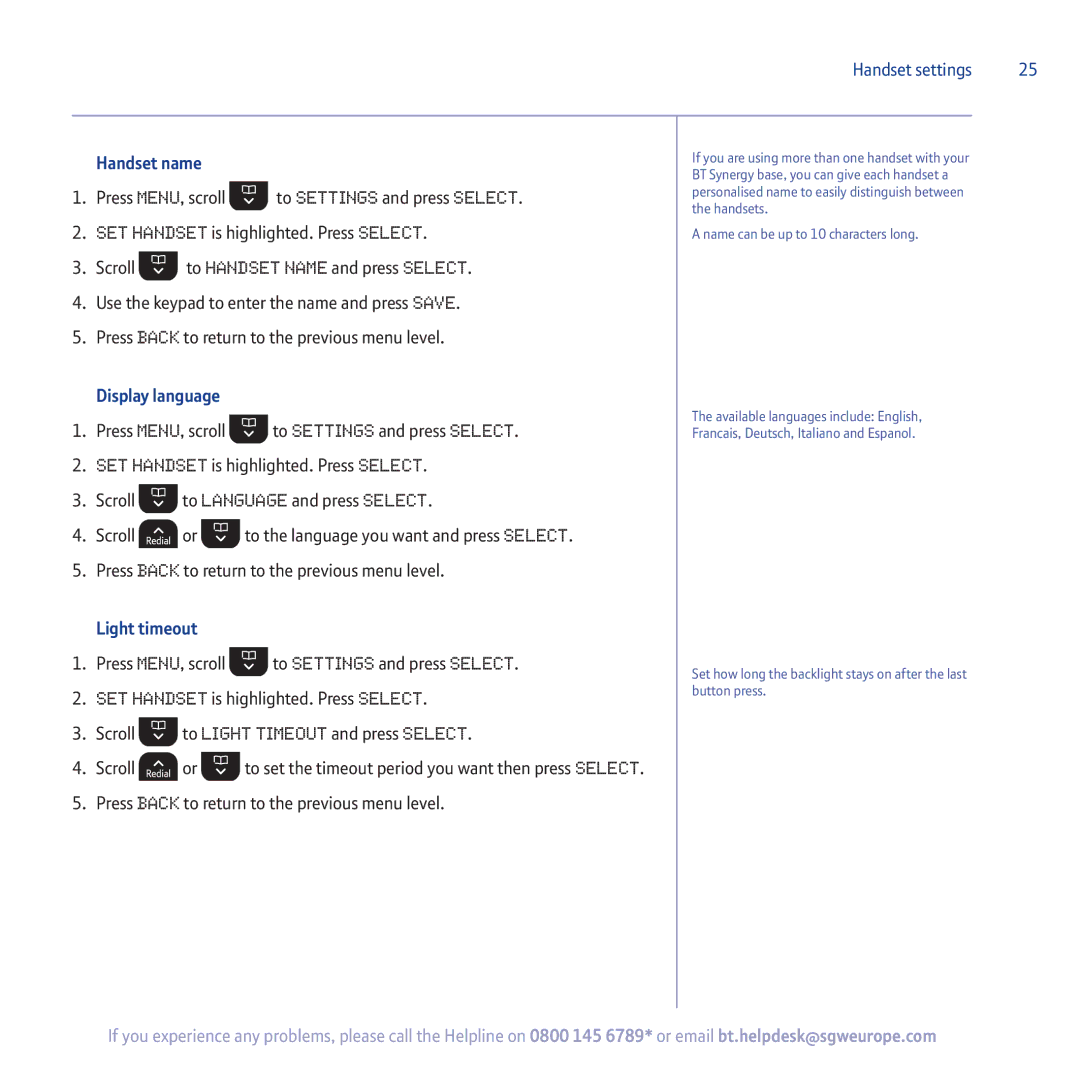 BT 5500 manual Handset name, Press Menu, scroll To Settings and press Select, Display language, Light timeout 