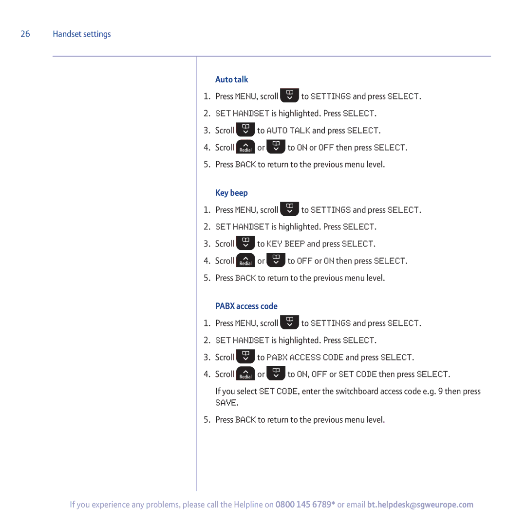 BT 5500 manual Auto talk, Key beep, Pabx access code 