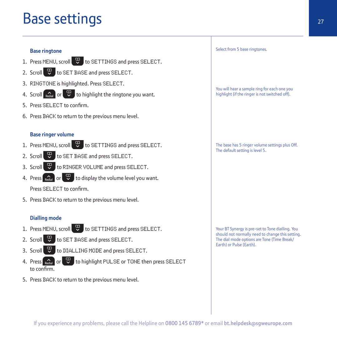 BT 5500 manual Base settings, Base ringtone, Base ringer volume, Dialling mode 