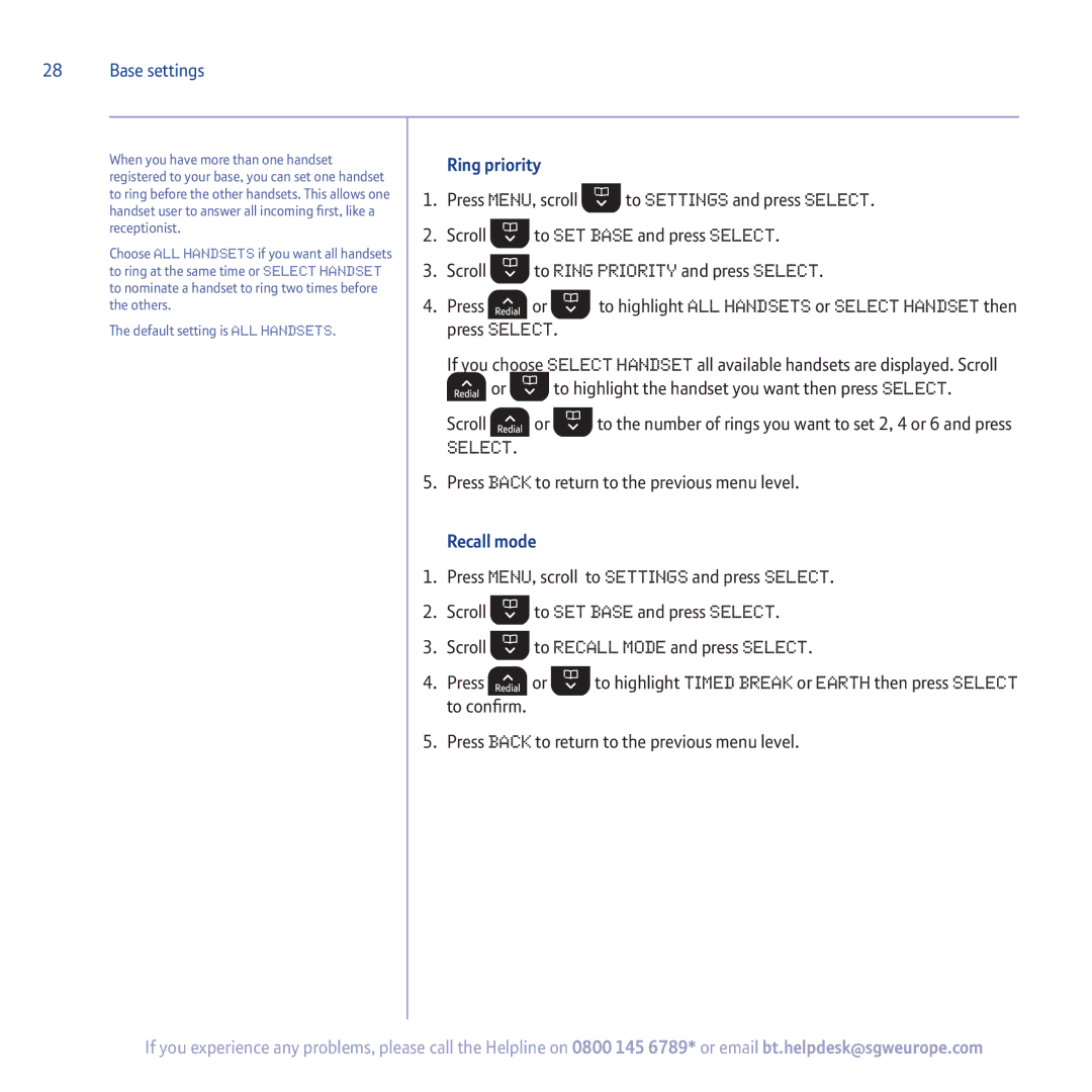 BT 5500 Ring priority, Scroll To Ring Priority and press Select, Press To highlight All Handsets or Select Handset then 