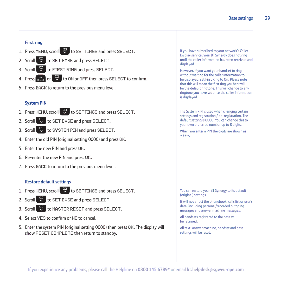 BT 5500 manual First ring, Restore default settings 