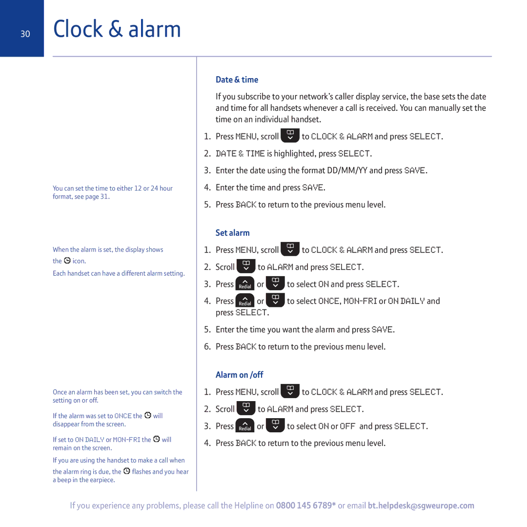 BT 5500 manual Clock & alarm, Date & time, Set alarm, Alarm on /off 