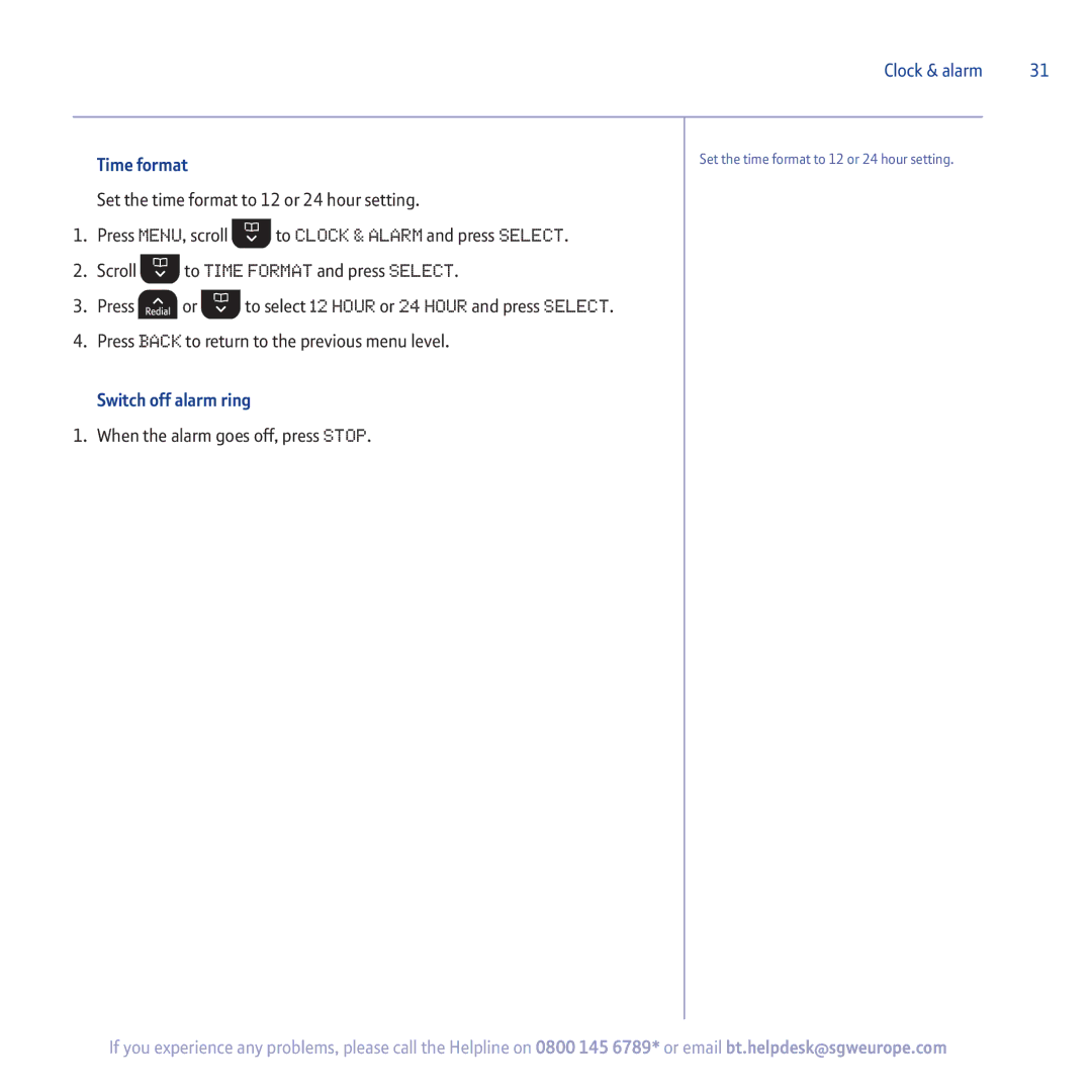 BT 5500 manual Time format, Switch off alarm ring, When the alarm goes off, press Stop 