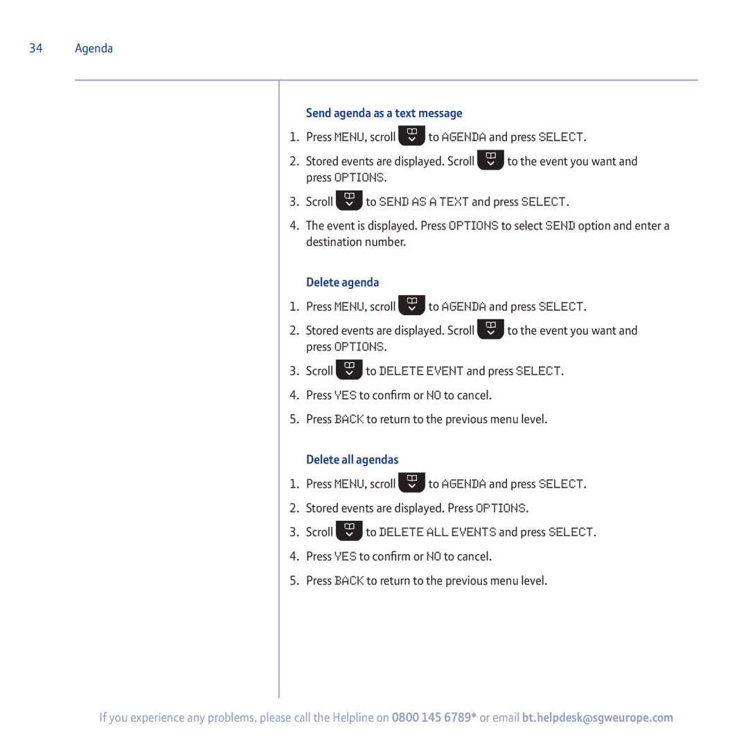 BT 5500 manual Send agenda as a text message, Delete agenda, Delete all agendas 