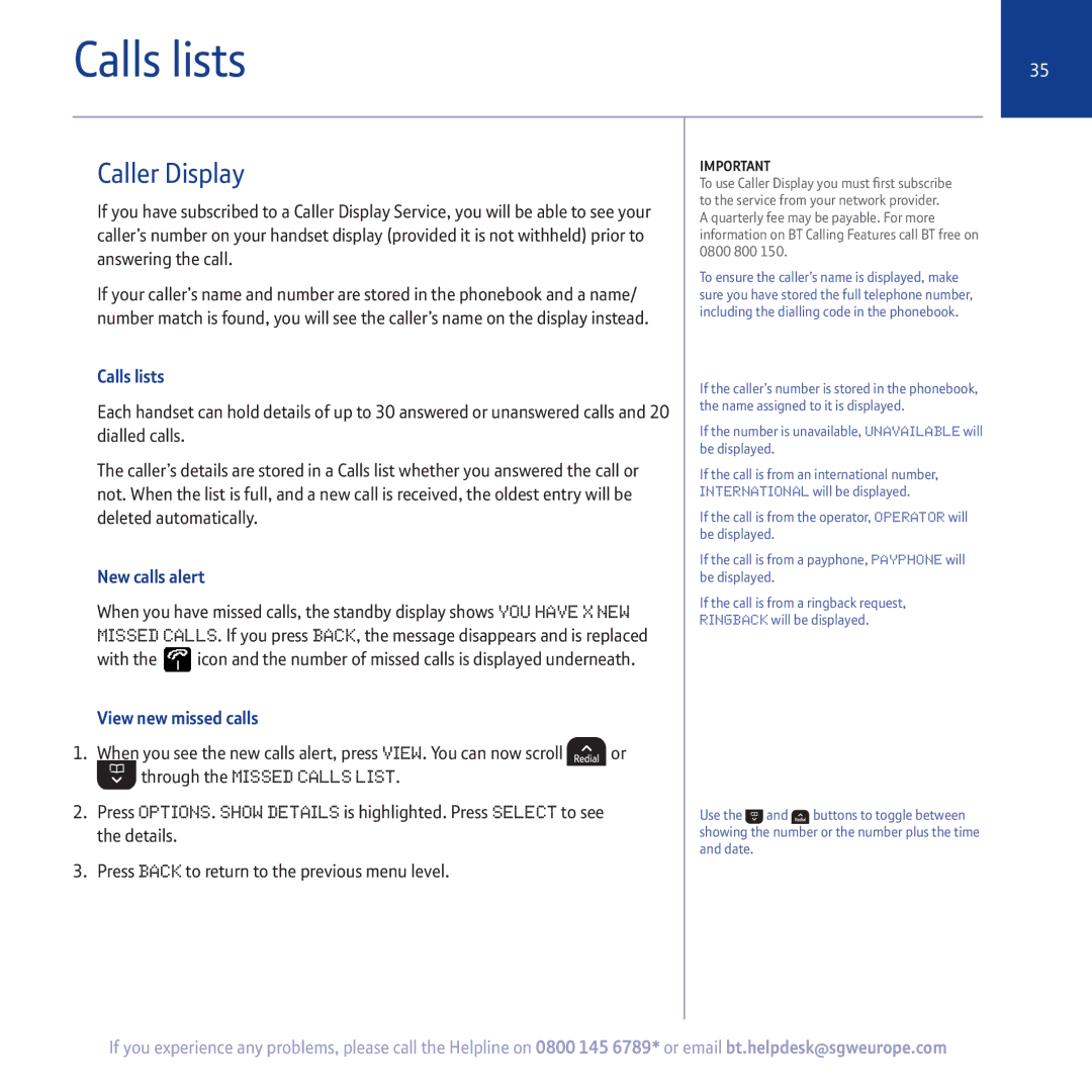 BT 5500 manual Calls lists, Caller Display, New calls alert, View new missed calls 