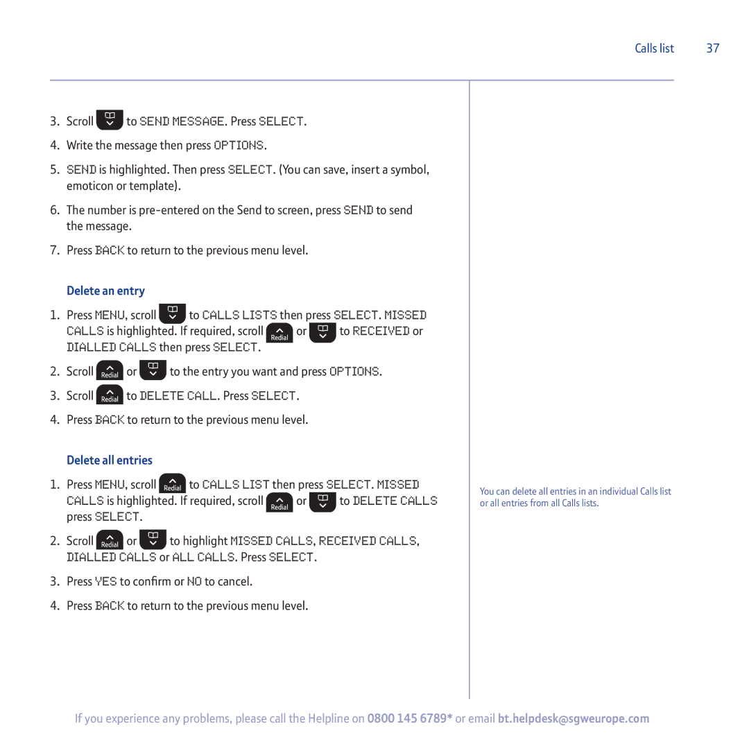 BT 5500 manual Calls list, Delete all entries 