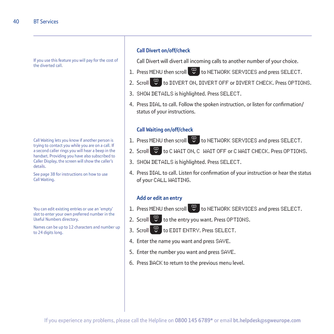 BT 5500 manual Call Divert on/off/check, Call Waiting on/off/check, Add or edit an entry 