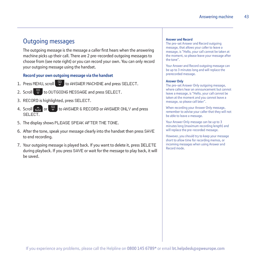 BT 5500 manual Outgoing messages, Record your own outgoing message via the handset 