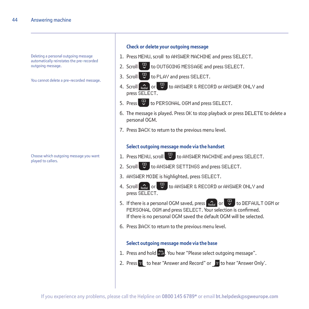 BT 5500 manual Check or delete your outgoing message, Select outgoing message mode via the base 