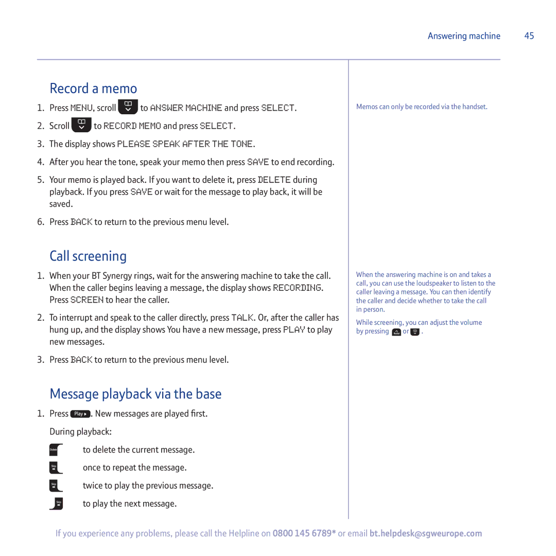 BT 5500 manual Call screening, Message playback via the base, Press . New messages are played first. During playback 