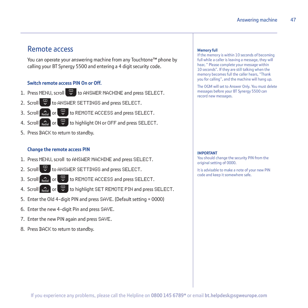 BT 5500 manual Remote access, Switch remote access PIN On or Off, Change the remote access PIN, Memory full 